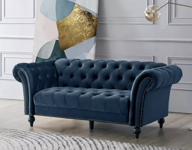 Midnight Blue 3 Seater Chesterfield Sofa Velvet Fabric Set Luxury Settee Studded