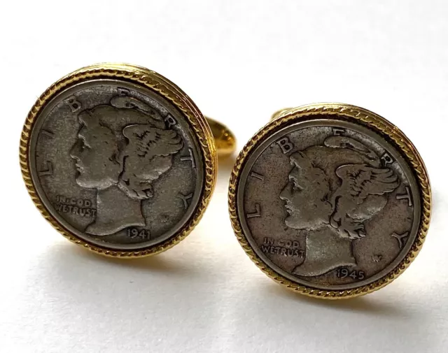 Vintage Cufflinks, Genuine Mercury Dimes in Goldtone Setting, 1941 & 1945