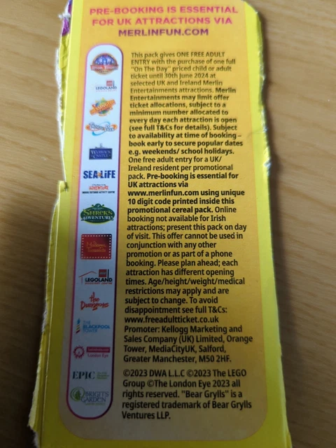 Kellogg’s Merlin Attraction Free Adult Ticket Sealife Lego Alton Towers Thorpe