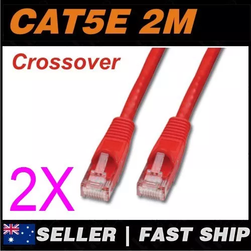 2x 2m Cat5E Crossover Red  Ethernet Network LAN Patch Cable Lead