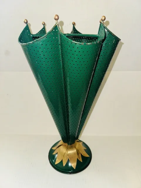 Rare! Vintage Umbrella Stand - Inverted Umbrella Green Mesh 19”Tall Brass Leafs