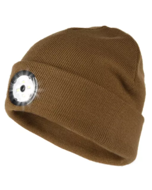 Olive LED Beanie Hat with Light USB Rechargeable 4 LED Head Torch