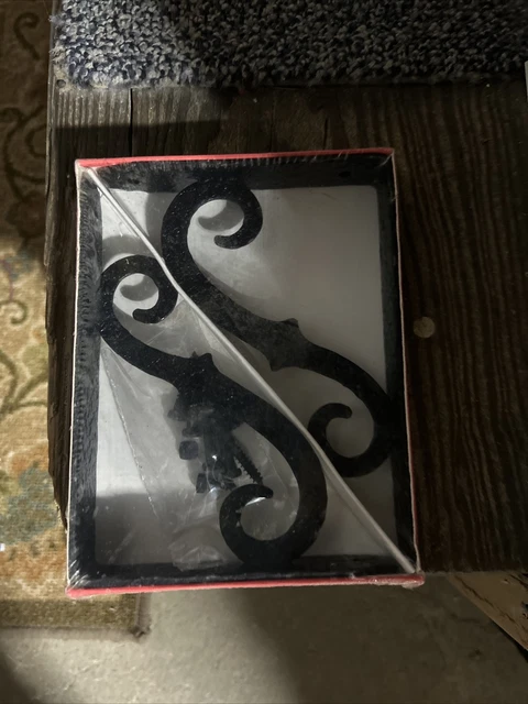 Vintage Sears forged Black Ornamental Shelf Brackets NIB Vintage Packaging 6x4”