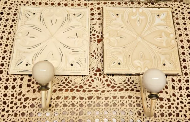 Shabby Chic Pair of Hammered Metal Wall Coat Hooks Hangers Beige