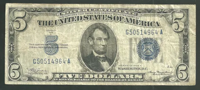 United States 5 Dollars 1934A FR 1651 US Silver Certificate Banknote Paper Money