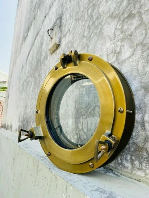 Vintage Antique Brass 12"Canal Boat Porthole Door Window Round Glass Home Decor