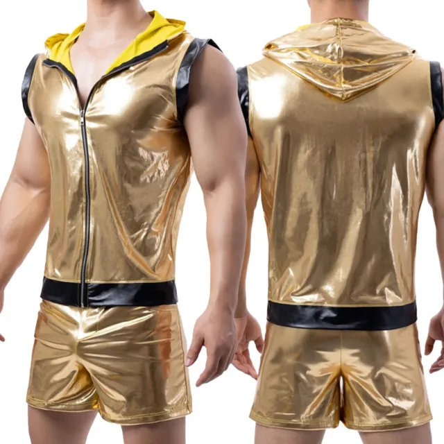 Elegante set pantaloncini e canottiere in pelle lucida oro lucido per abito da nightclub da uomo