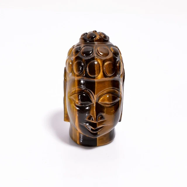 Oeil de tigre naturel en forme de visage de bouddha sculpté en pierre...