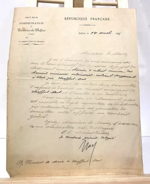 Ancien Document République Francaise Territoire De Belfort 1892 Etueffont