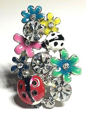 Ladybug Flower Cocktail Ring Size 6 7 8 Crystal Easter Silver Rhodium Plated