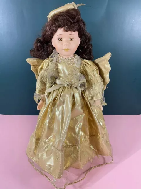 Beautiful Holiday Christmas Porcelain Angel Doll in Gold Dress with Wings 16"