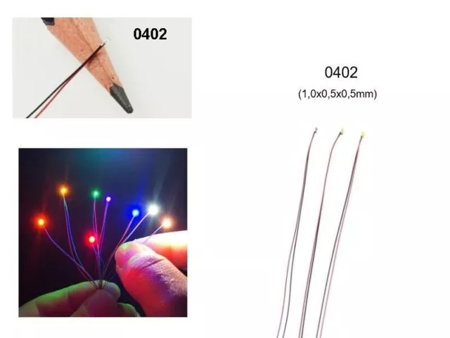 SMD LED 0402 mit Kabel angelötet Ø 0,3mm Microkabel LEDs 10 / 20 Stück 7 Farben