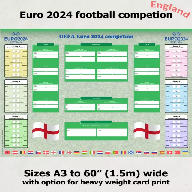 Euro 2024 football ENGLAND edn. poster planner wall chart - 5 sizes A3 up to 60"