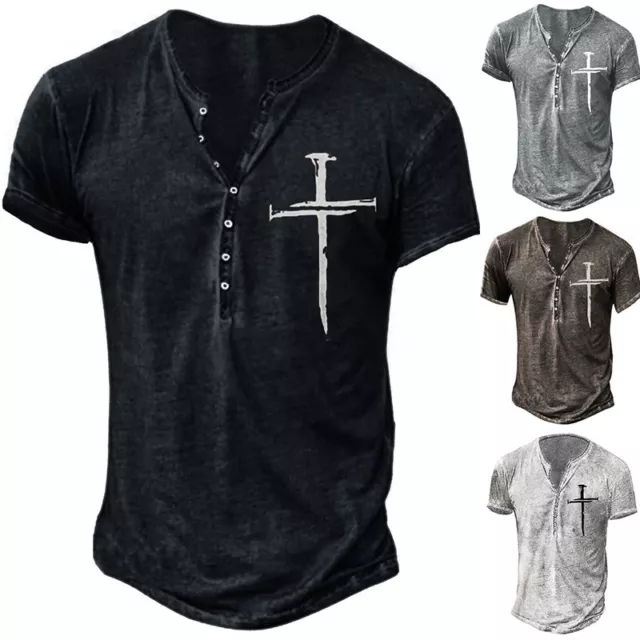 Uomo Manica Corta Croce Stampa Top Casual Largo V Collo Vintage Bottoni Maglia ⭐