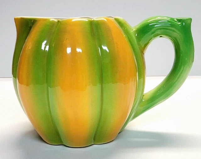 Vtg St. Clement Majolica Pitcher France Green Yellow Pumpkin-Shaped Vine Handle