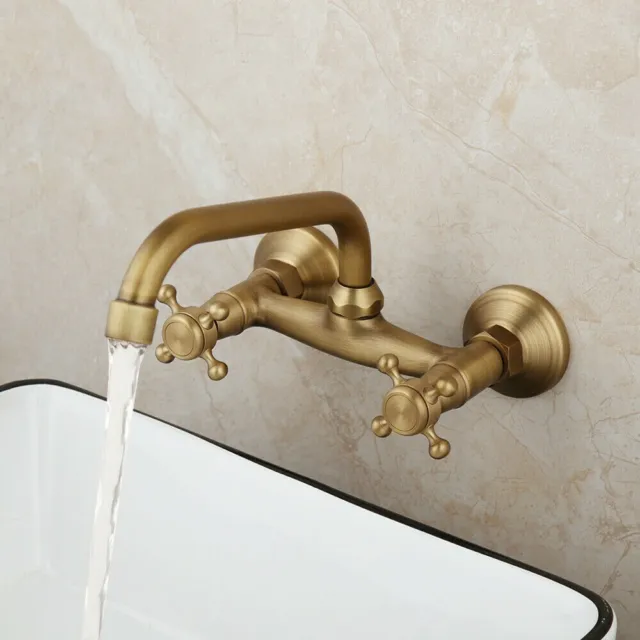 Wall Mount Antique Brass Dual Handle Bathroom Sink Faucet Swivel Spout Mixer Tap 3
