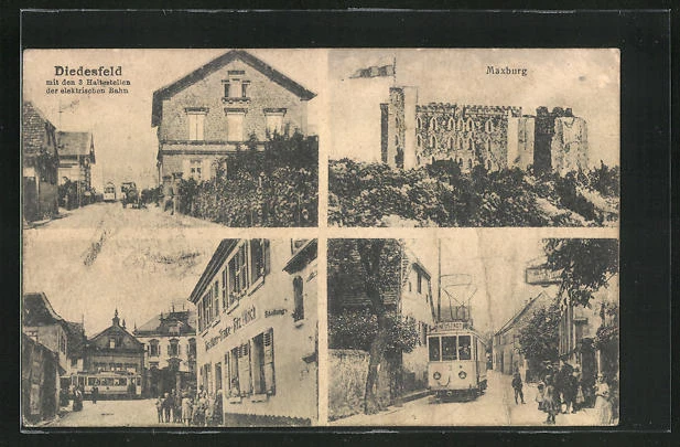 Diedesfeld, Ansichtskarte, Gasthaus Traube, Strassenbahn im Ort, Maxburg