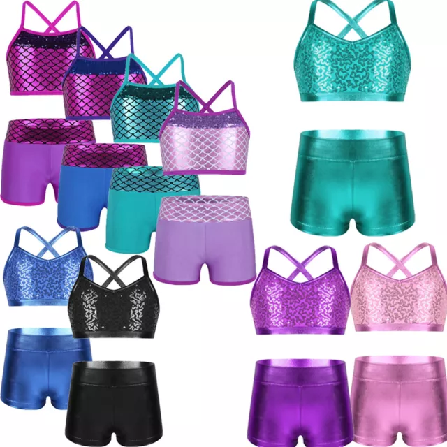 Girls Metallic Sequins Dance Outfit Crop Top with Booty Shorts Sport Workout Set