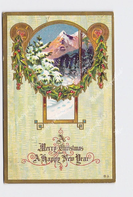 Holiday Postcard Christmas And A Happy New Year Holly Swag Art Nouveau Gold Embo