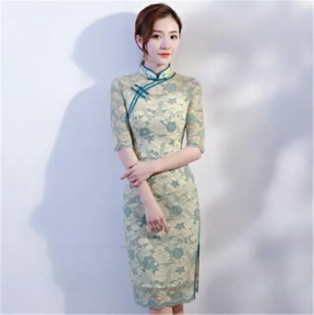 Womens Summer Cheongsam Dress QI Pao Lace Floral Slim China Retro Dresses Mid