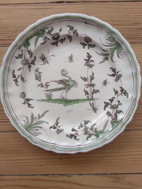 Ancienne assiette faïence Moustiers décor camaïeu vert décor oiseau XVIIIe s.?
