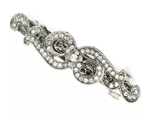 Antique Vintage Silver Crystal Swirl French Barrette Hair Clip Bridal Prom