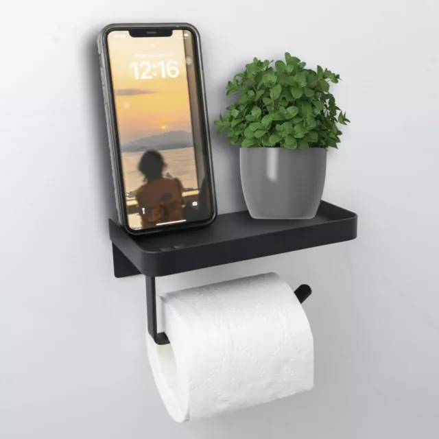 Black Stainless Steel Toilet Roll Holder With Shelf, 2 In 1. 2 Installation Ways