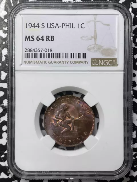 1944-S U.S. Philippines 1 Centavo NGC MS64RB Lot#A4720 Beautiful Toning!