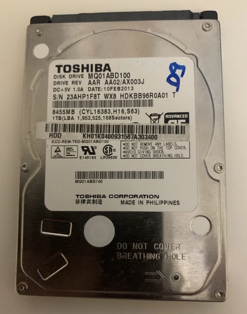 Disque Dur Toshiba 1 To 2,5" MQ01ABD100 - Pour Ordinateur Portable - Occasion Testé Fonctionnel