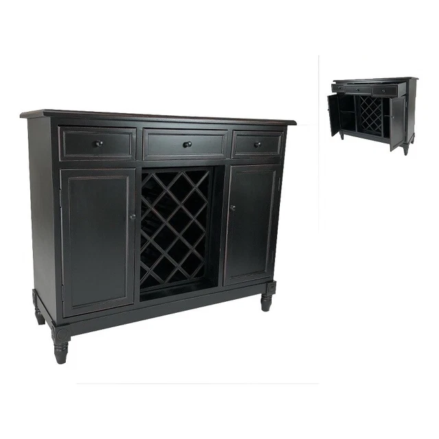 Transitional Wooden Sideboard with Built In Wine Rack Black