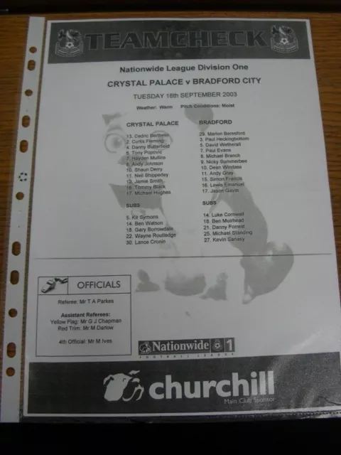 16/09/2003 Teamsheet: Crystal Palace v Bradford City  (Black & White, folded in