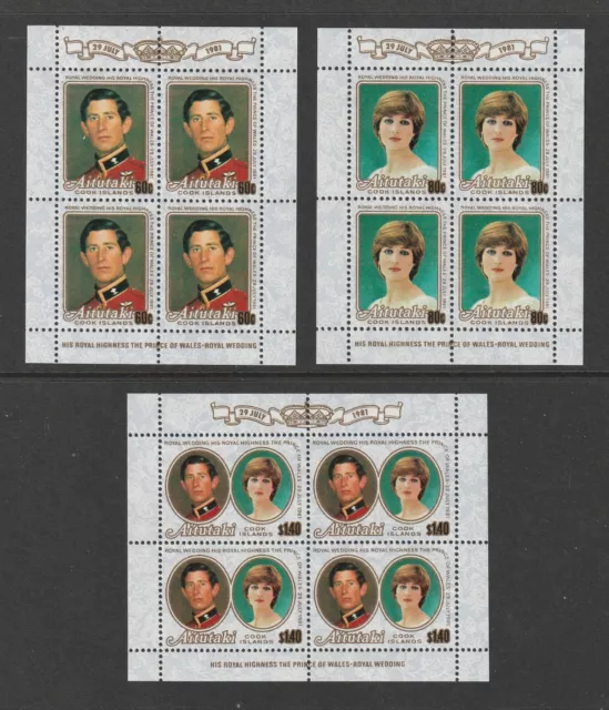 Aitutaki 1981 Royal Wedding Charles & Diana Set Of 3 Sheetlets Sg391-393 Mnh