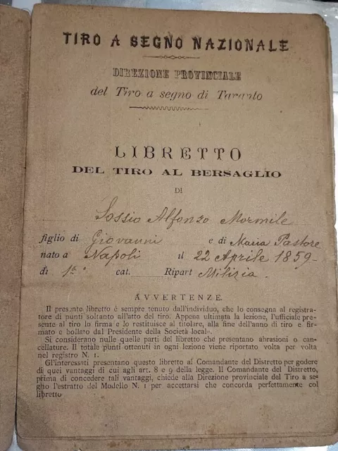 Libretto Del Tiro A Segno Nazionale  Al Bersaglio - Milizia Taranto 1892 Tessera