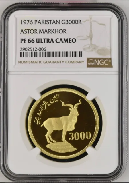 1976 Pakistan Astor Markhor Gold Coin NGC Proof 66 Ultra Cameo, 3000 Rupees RARE