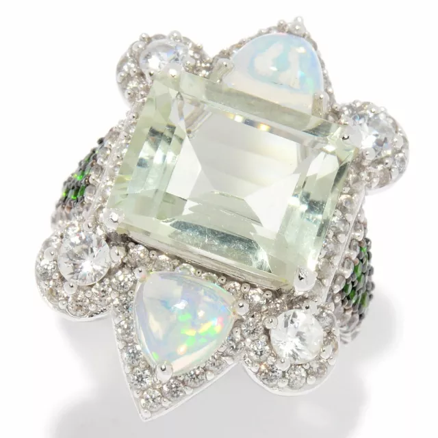 Meher's Jewel 11.55ctw Emerald Cut Prasiolite, Opal & Multi Gemstone Silver Ring