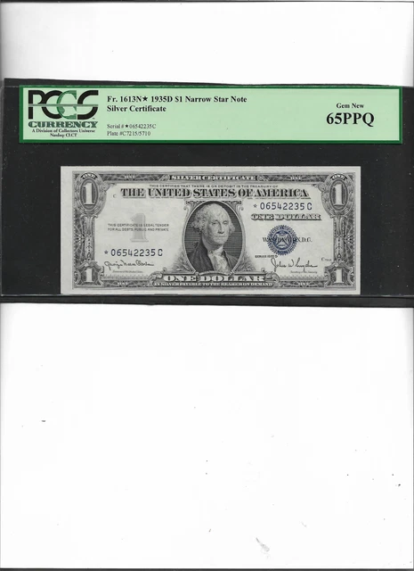 Narrow  Star Note Silver Certificate  Fr. 1613N* 1935D $1 Gem New 65Ppq
