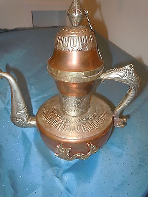 Antique Copper Nickel Silver & Brass Dragon Urn Teapot Ewer Ornate Hand Made Vtg