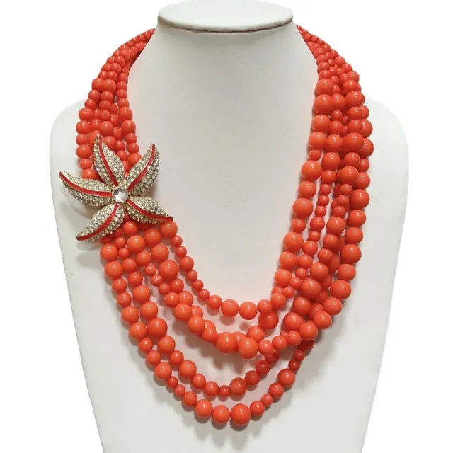 Orange Beads Starfish Necklace Mermaid Summer Beach Layered Rhinestone Statement