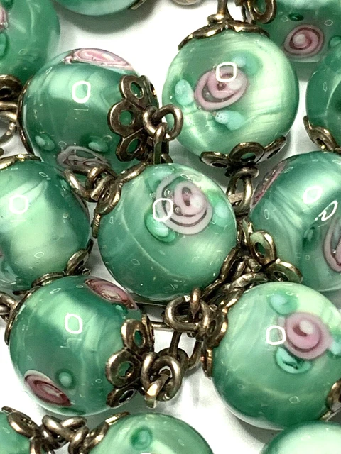 † Enomrous Vintage Sterling Venetian Art Flowered Capped Glass Rosary 32" 82 Gr†