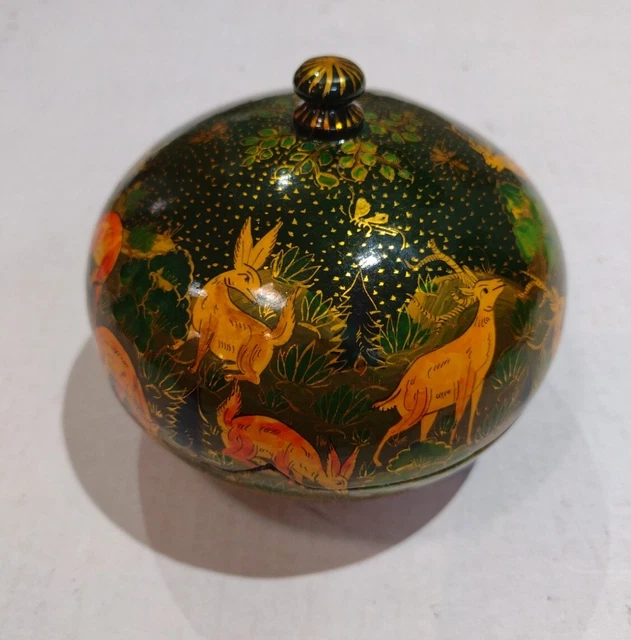 Vintage Handmade Trinket Wood Box Jungle Scene In Black Papier Mache Lacquer
