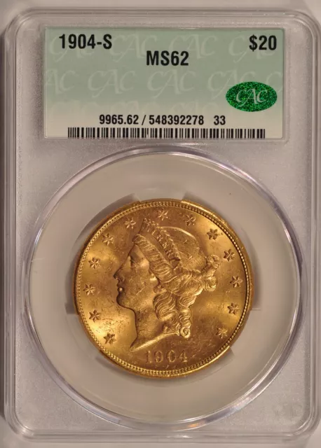 1904-S $20 GOLD Liberty Double Eagle Coin CACG MS62 Pre-1933 Gold ...