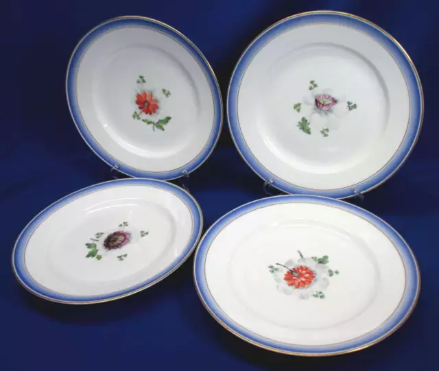 4 Royal Copenhagen 10.25"Dia Dinner Plates Blue Borders With Large Flower In The