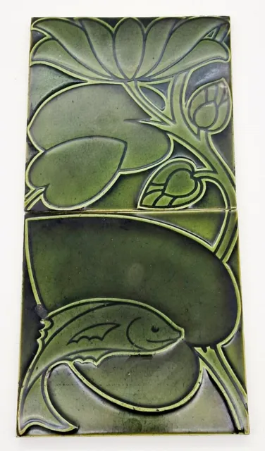 Antique Arts & Crafts Voysey Pilkington's Green Fish & Leaf Tile Panel C1902