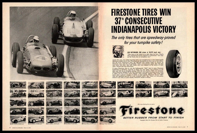 1960 Firestone Tires Win 37th Consecutive Indianapolis 500 Race 2-Page Print Ad