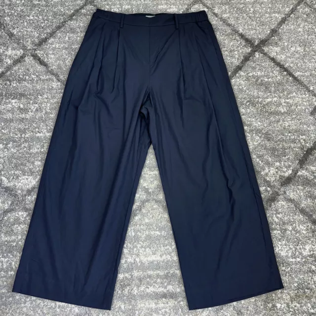 VINCE Sz L Pleat Front Cropped Wide Leg Pants Pull On Cotton Poplin Navy Blue