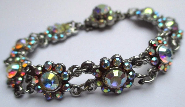 Bracelet Vintage Argenté Avec Cristaux Boréalis - Bijou Ancien, Occasion Bon état, Style Rétro