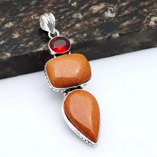 Goldstone Gemme Grenat Ethnique Fait à la Main Pendentif Bijoux 3 " AP-13794