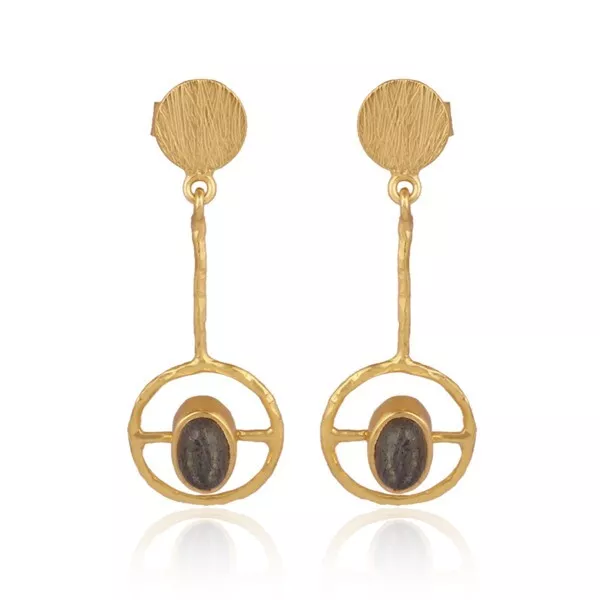 Handmade Yellow Gold Textured Circular & Disc Earrings With Labradorite For Gift