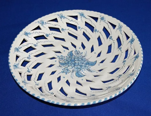 Gouda Zenith Hand Painted Blue & White Floral Lattice Bowl 10.75" Diameter.