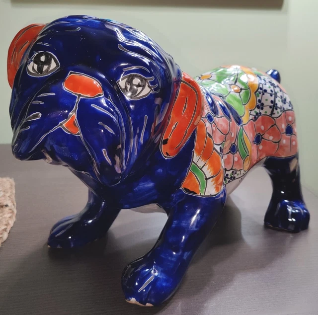 Talavera Pottery Bulldog Statue Large Hand Painted Made In Mexico